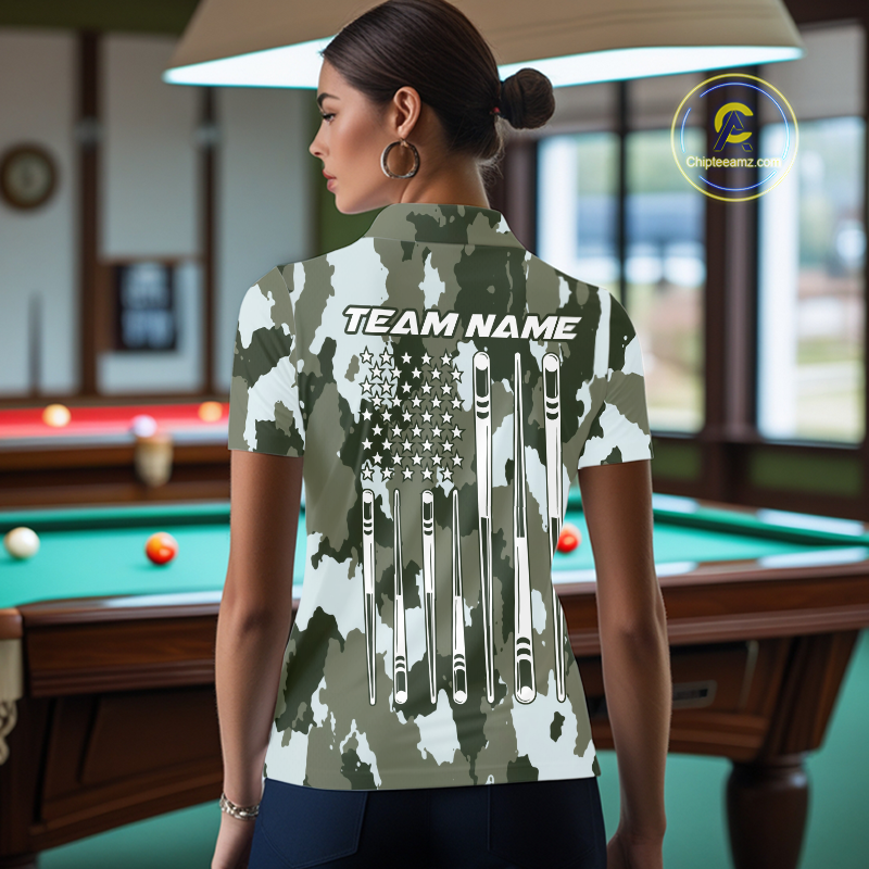 Custom Green Camo 8 Ball Billiard Shirts for Women Billiard League Billiard Team Shirts NNT106