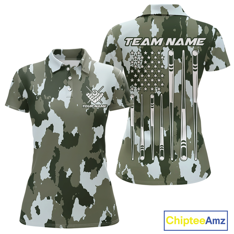 Custom Green Camo 8 Ball Billiard Shirts for Women Billiard League Billiard Team Shirts NNT106