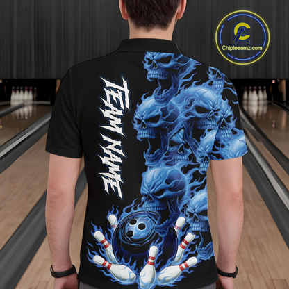 Custom Flame Skull Bowling Jerseys for Men Bowling League Polo & 1/4 Zip Bowling Team Shirts HNT203