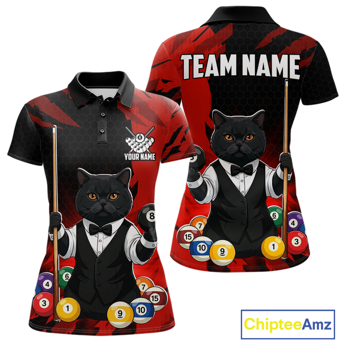 Custom Black Cat 8 Ball Pool Shirts Red Billiard Shirt for Men Billiard Team Jersey Billiard Gift NNT181
