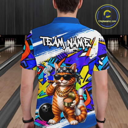 Man wearing a colorful bowling shirt with a cat design in a bowling alley.