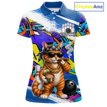 Load image into Gallery viewer, Women polo colorful polo shirt with a cat graphic and 'Chiptee Amz' branding