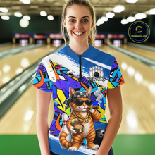 Load image into Gallery viewer, Woman wearing a colorful bowling shirt with a cat design in a bowling alley.