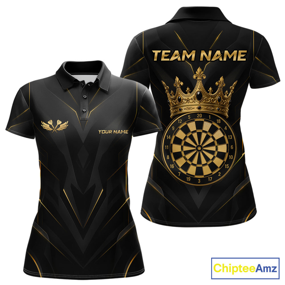 Black short-sleeve polo shirt shown from the front and back, featuring gold geometric accents, a gold winged logo on the front chest, customizable text on the front and back, and a large gold crown above a dartboard graphic on the back. A ChipteeAmz logo is visible in the bottom right corner.