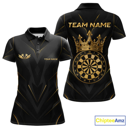 Black short-sleeve polo shirt shown from the front and back, featuring gold geometric accents, a gold winged logo on the front chest, customizable text on the front and back, and a large gold crown above a dartboard graphic on the back. A ChipteeAmz logo is visible in the bottom right corner.