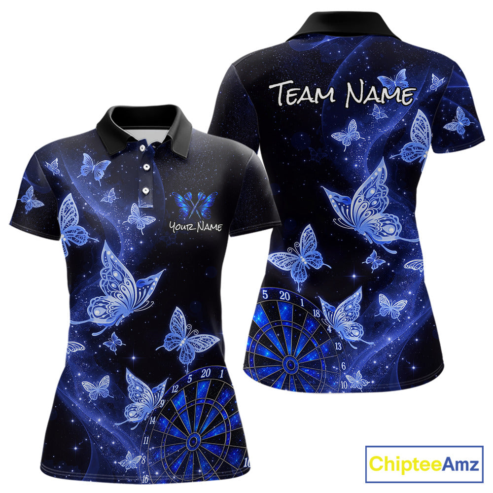 Custom short-sleeve polo shirt shown from the front and back, featuring a dark blue and black galaxy print with glowing blue butterflies, stars, and a dartboard graphic. The front has placeholder text 'Your Name' and 'Team Name' on the back and chest, and a 'ChipteeAmz' logo is visible in the bottom right corner.
