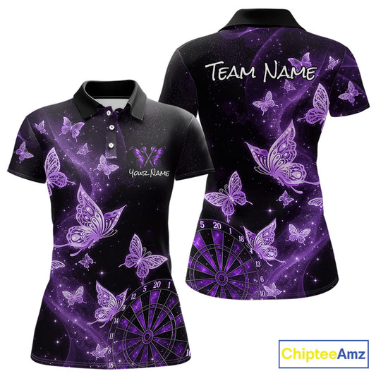 A women's short-sleeve polo shirt shown from the front and back on a white background. The shirt has a black base with a purple and violet galaxy print featuring glowing butterflies, stars, and a dartboard graphic.
