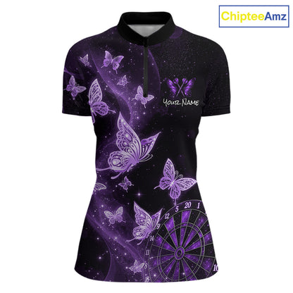A women's short-sleeve quarter-zip polo shirt with a purple and black butterfly and starry galaxy print, featuring a dartboard graphic near the hem and 'Your Name' placeholder text on the chest. A 'ChipteeAmz' logo is visible in the top right corner.