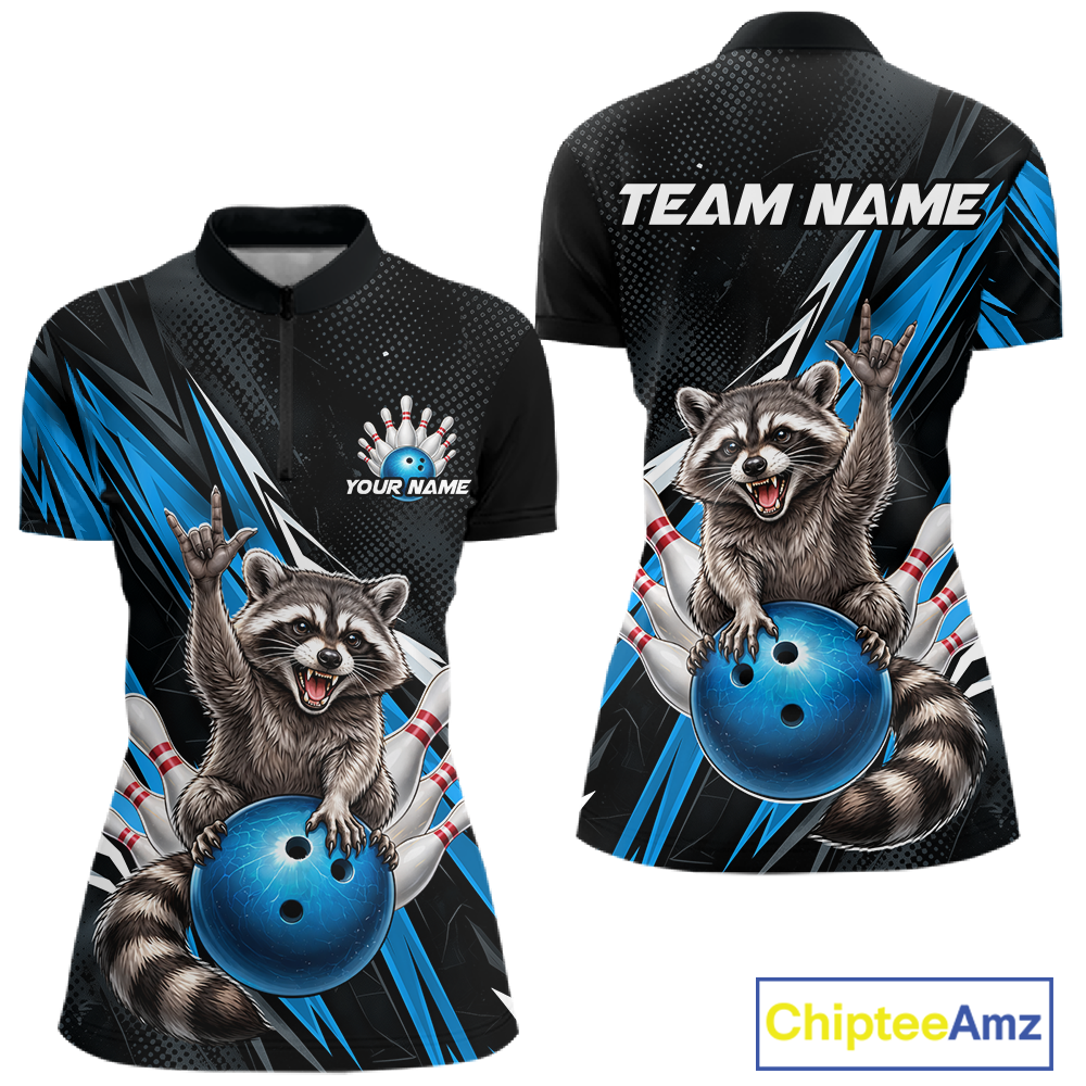 Custom Turquoise Raccoon Bowling Jersey for Women Bowling Team Shirts Bowling Polo & 1/4 Zip HNT254