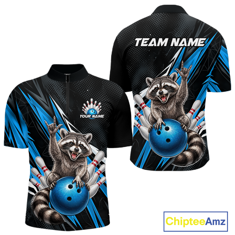 Custom Turquoise Raccoon Bowling Jersey for Men Bowling Team Shirts Bowling Polo & 1/4 Zip HNT254