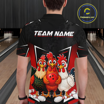 Red Funny Three Chicken Bowling Jersey for Men Bowling League Bowling Team Shirts HN287