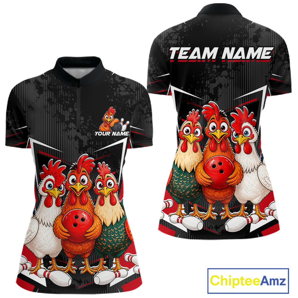 Red Funny Three Chicken Bowling Jersey for Women Bowling League Bowling Team Shirts HN287