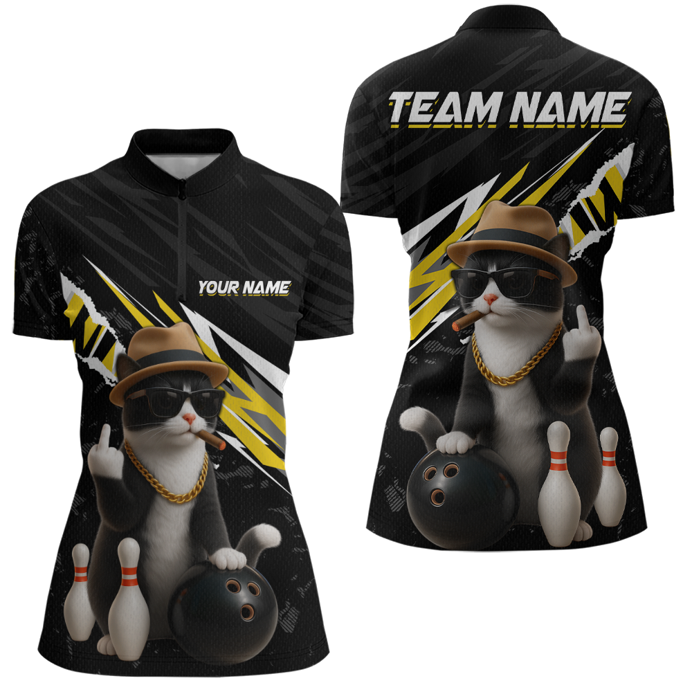 Custom Yellow Funny Cat Bowling Jersey for Women Bowling Shirt Polo & 1/4 Zip Bowling Team Shirts HNT136