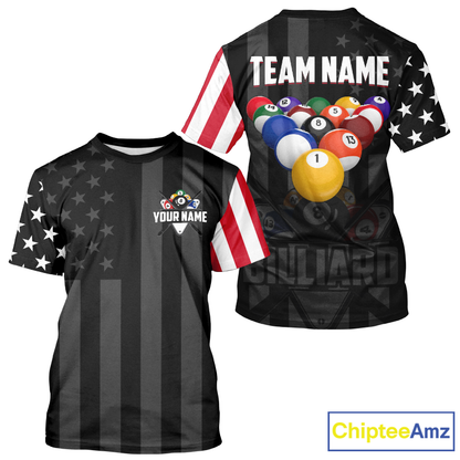 Two black t-shirts with American flag design and pool ball graphics, featuring 'Team Name' and 'Your Name' text.