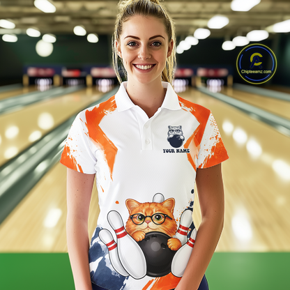 Custom Funny Cat Bowling Jersey for Women Bowling Team Shirts Bowling League Polo & 1/4 Zip HNT186