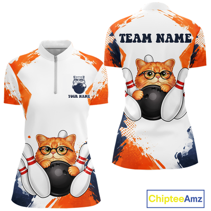 Custom Funny Cat Bowling Jersey for Women Bowling Team Shirts Bowling League Polo & 1/4 Zip HNT186