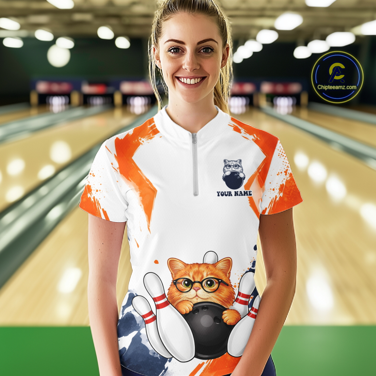 Custom Funny Cat Bowling Jersey for Women Bowling Team Shirts Bowling League Polo & 1/4 Zip HNT186