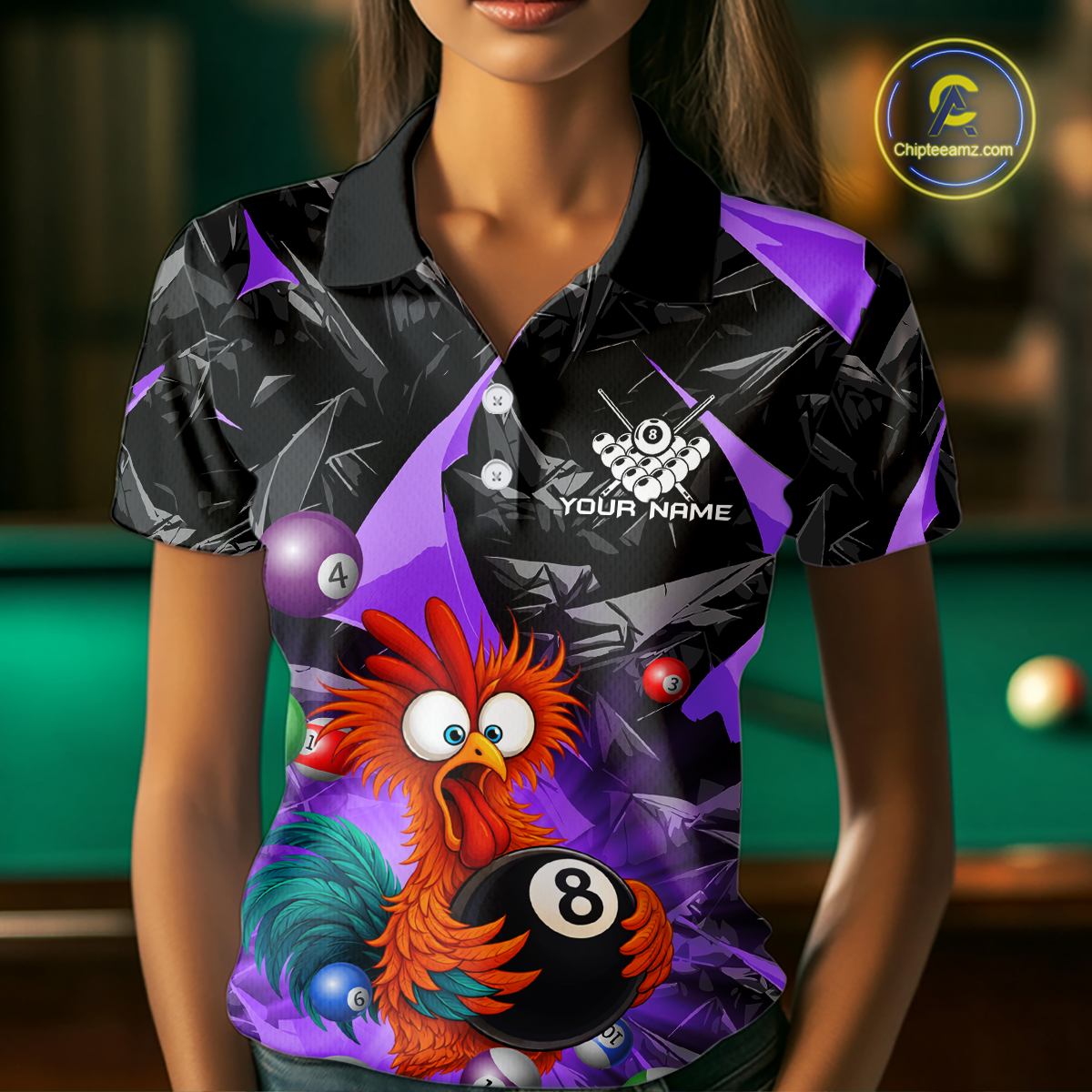 Custom Funny Purple Chicken 8 Ball Pool Billiard Shirt for Women Polo & 1/4 Zip, Billiard Team Jerseys NNT148