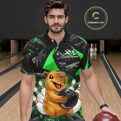 Custom Green Capybara Bowling Jersey for Men Bowling Team Shirts Bowling Polo & 1/4 Zip HNT255
