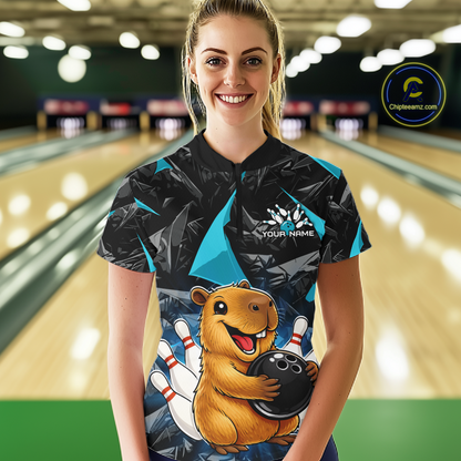 Custom Turquoise Capybara Bowling Jersey for Women Bowling Team Shirts Bowling Polo & 1/4 Zip HNT255