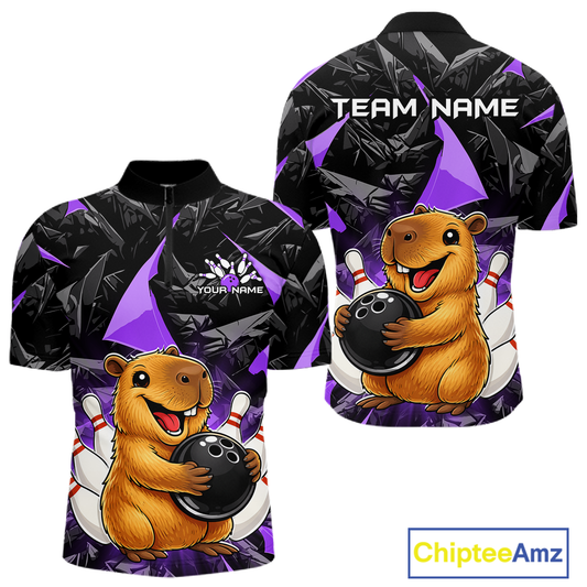 Custom Purple Capybara Bowling Jersey for Men Bowling Team Shirts Bowling Polo & 1/4 Zip HNT255