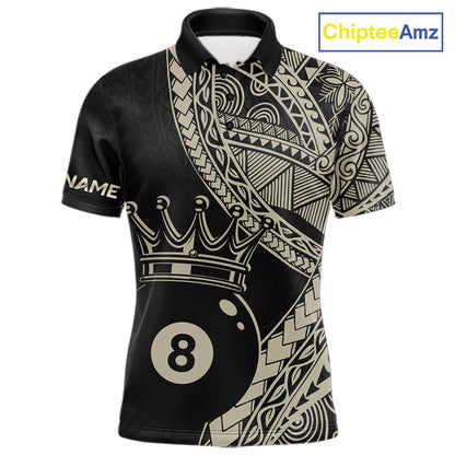 Men’s fitted polo dress in black and gold tones with layered Polynesian-style designs, abstract geometric textures, and a large crowned 8-ball centerpiece.