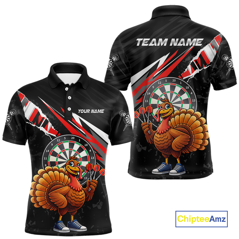 Red Funny Turkey Chicken Darts Shirt for Men Darts Team Jerseys Polo & 1/4 Zip Dart League NNT130