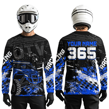 Men wearing personalized racing shirt with an off-road vehicle integrated into tire track patterns, racing graphics, and custom name details.