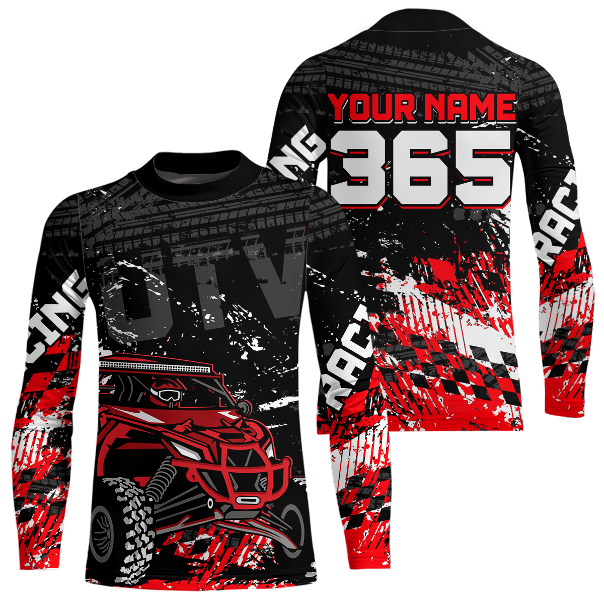 Front and back view personalized racing shirt with an off-road vehicle integrated into tire track patterns, racing graphics, and custom name details.