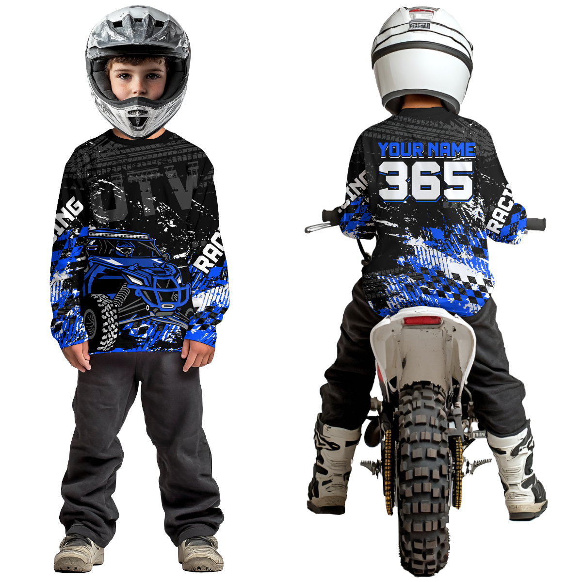 Kid wearing personalized racing shirt with an off-road vehicle integrated into tire track patterns, racing graphics, and custom name details.