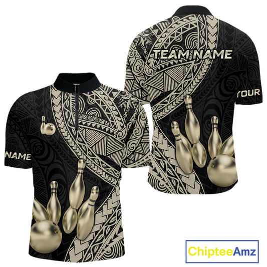 Black and Gold Tribal Pattern Bowling Jersey for Men Bowling Uniform Bowling Team Shirts HNT225