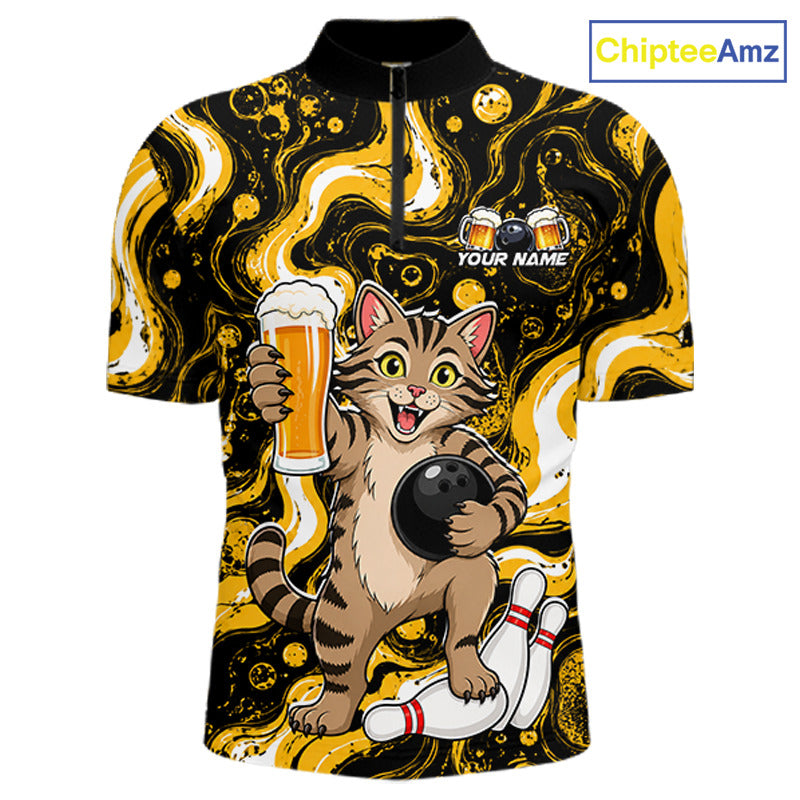 A short-sleeve quarter-zip polo shirt with a black collar, featuring a cartoon cat holding a beer glass and bowling ball on a yellow and black marbled background. The shirt includes a placeholder text 'YOUR NAME' and a 'ChipteeAmz' logo in the top right corner.