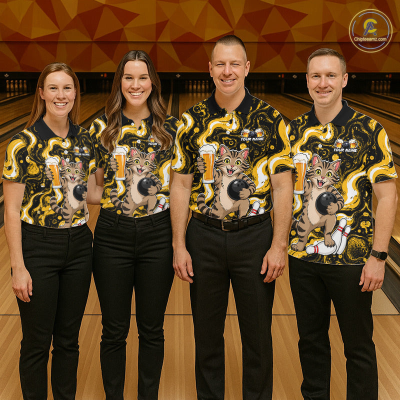 Four people standing in a bowling alley wearing matching black and yellow bowling shirts with a cartoon cat-and-bowling-ball graphic, paired with black pants. A bowling lane and geometric wall are visible in the background.