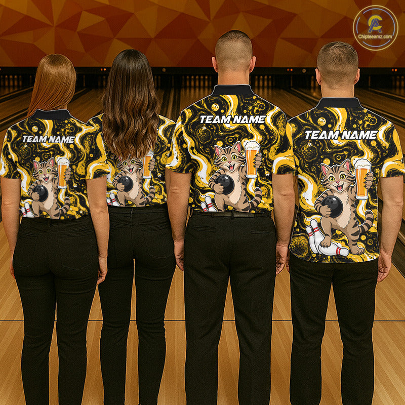 Four people standing with their backs to the camera in a bowling alley, wearing matching bowling shirts with a black, yellow, and beige bowling-themed graphic print featuring bowling pins, balls, and beer glasses. The shirts have 'TEAM NAME' printed on the back.