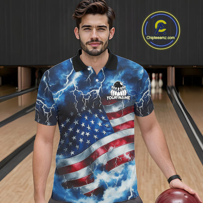 A man wearing a custom bowling polo shirt with a lightning and American flag design, standing in a bowling alley. The shirt features a black collar and a customizable chest graphic with the text 'YOUR NAME'.