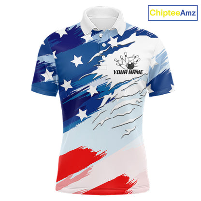 A short-sleeve polo shirt with a patriotic red, white, and blue brushstroke and star pattern. The shirt features a white collar, a customizable bowling graphic with the text 'YOUR NAME' on the left chest, and a 'ChipteeAmz' logo in the top right corner.