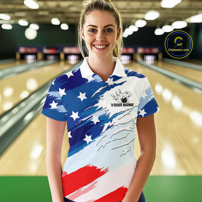 Custom American Flag Bowling Jersey for Women Bowling Team Shirts Patriotic Bowling League HNT460