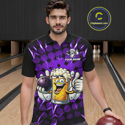 Custom Purple Funny Beer Bowling Jersey for Men Bowling Team Shirts Polo & 1/4 Zip HNT187