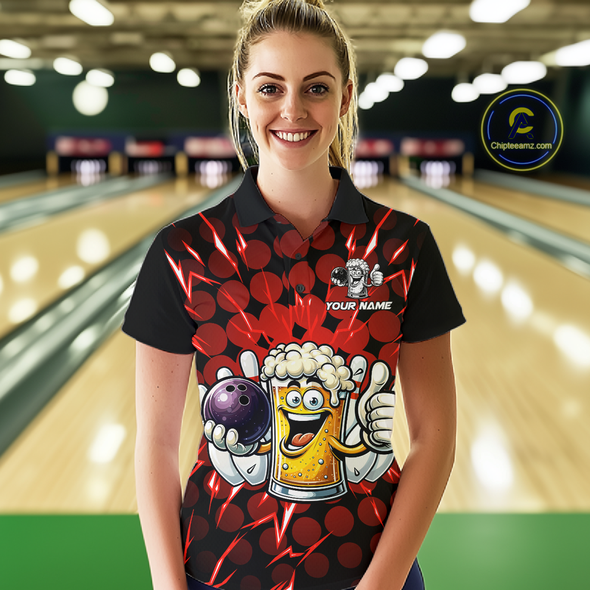Custom Red Funny Beer Bowling Jersey for Women Bowling Team Shirts Polo & 1/4 Zip HNT187
