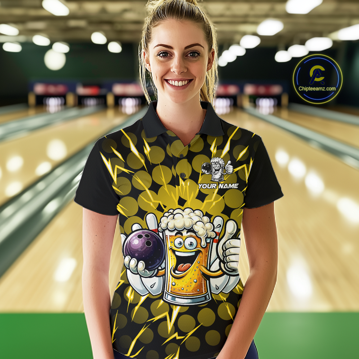 Custom Yellow Funny Beer Bowling Jersey for Women Bowling Team Shirts Polo & 1/4 Zip HNT187
