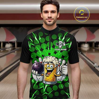 Custom Green Funny Beer Bowling Jersey for Men Bowling Team Shirts Polo & 1/4 Zip HNT187