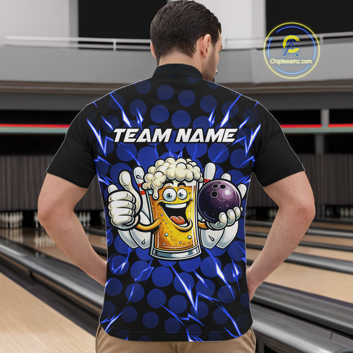 Custom Blue Funny Beer Bowling Jersey for Men Bowling Team Shirts Polo & 1/4 Zip HNT187