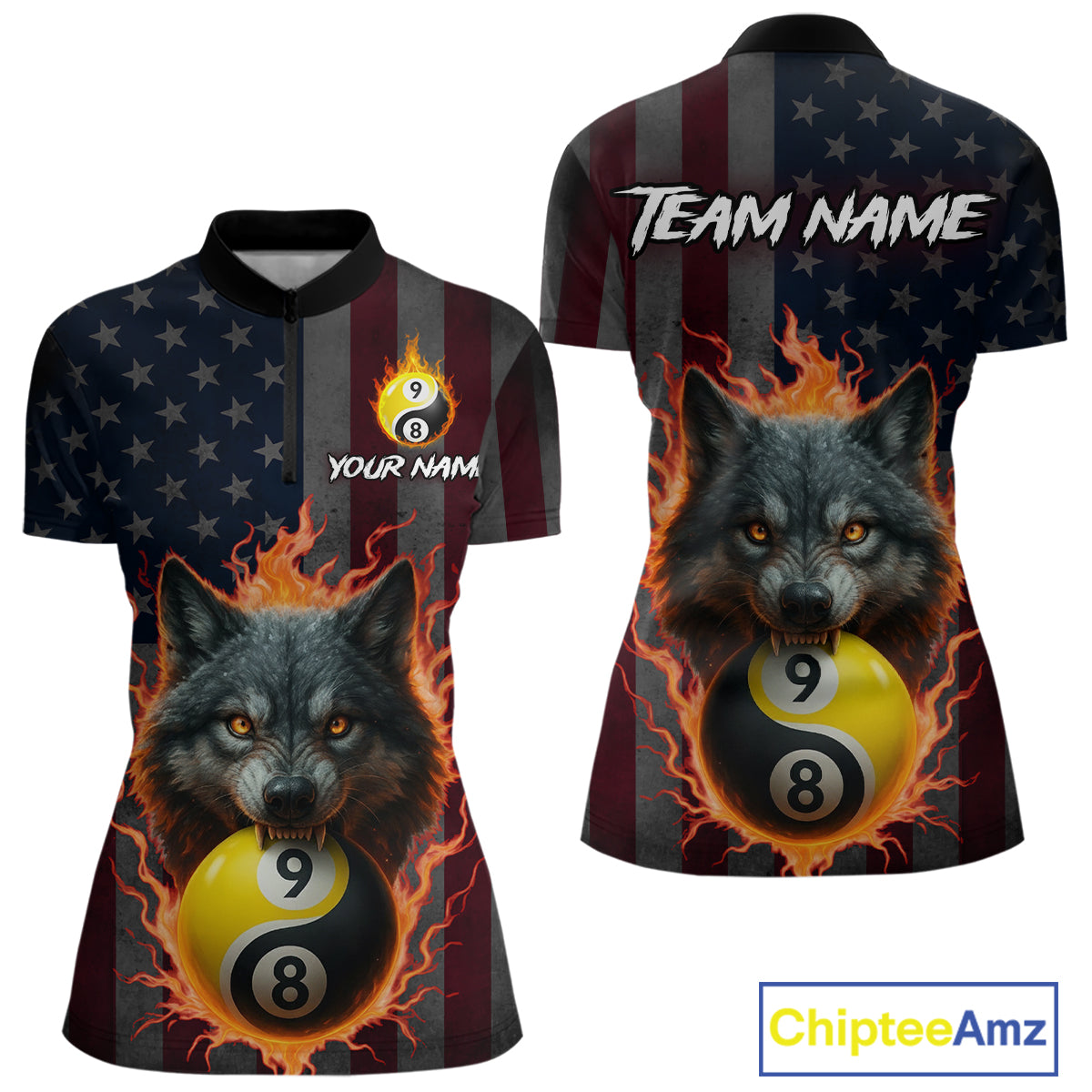 Custom US Wolf 8 9 Ball Yin Yang Billiard Shirts for Women Billiard Team Shirts Billiard League Polo & 1/4 Zip NNT92