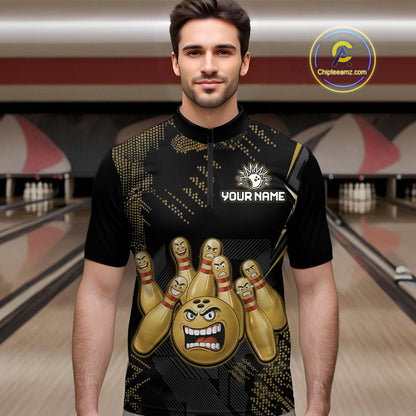 Custom Black and Gold Funny Bowling Jersey for Men Bowling Team Shirts Polo & 1/4 Zip HNT177