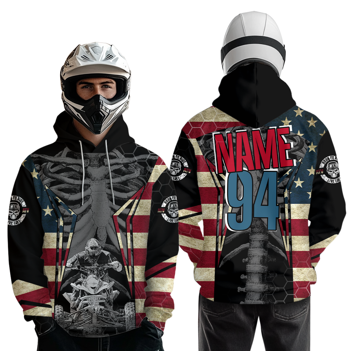 Patriotic Atv Racing Hoodie Custom Name & Number American Flag Quad Bike Rider Motocross Shirt For Men Women  NHN002