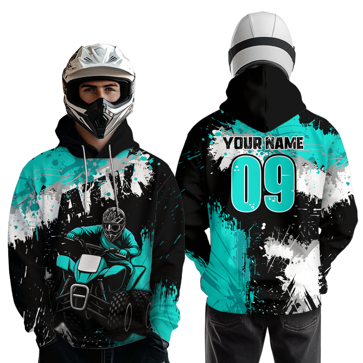 Turquoise Atv Motocross Hoodie Personalized Upf30+ Adult&Kid Quad Bike Shirt Atv Mx Off-Road Extreme NHN003