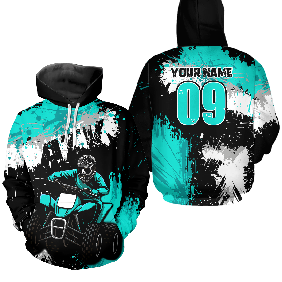 Turquoise Atv Motocross Hoodie Personalized Upf30+ Adult&Kid Quad Bike Shirt Atv Mx Off-Road Extreme NHN003