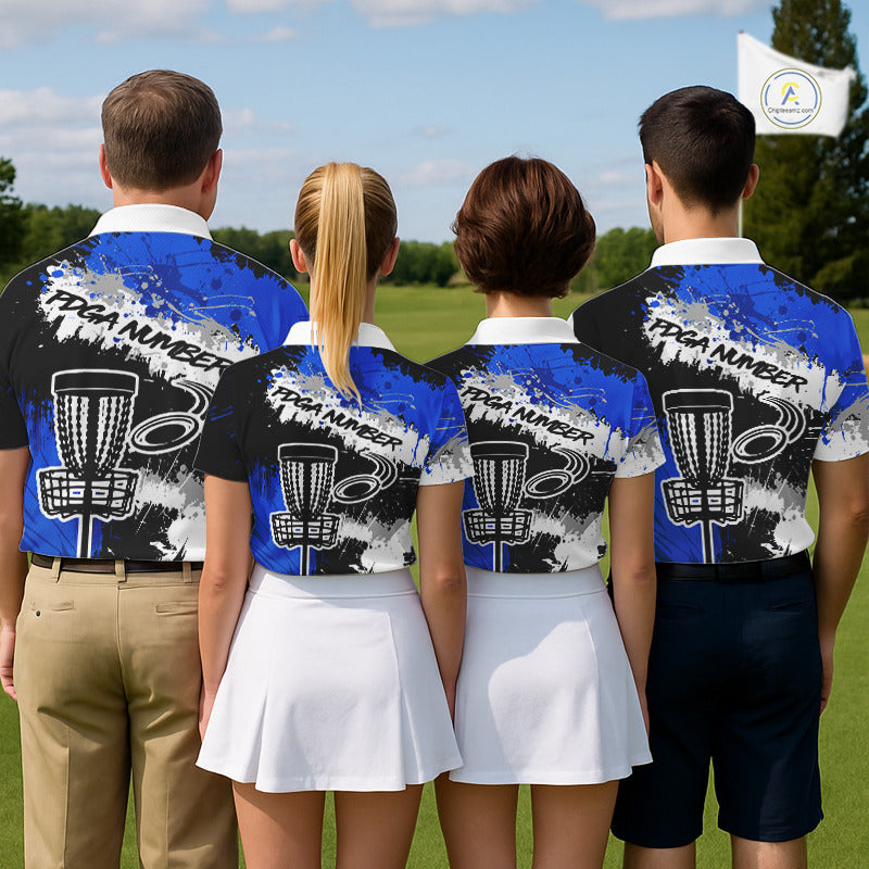 Mens Disc Golf Polo Shirt Custom Name Number Blue Disc Golf Basket Personalized Disc Golf Shirts NHN0028
