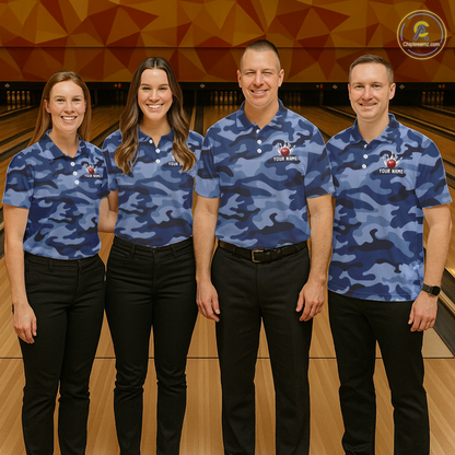 Custom Blue Camo Bowling Jersey for Women Bowling Team Shirts Bowling Uniform Polo & 1/4 Zip HNT167