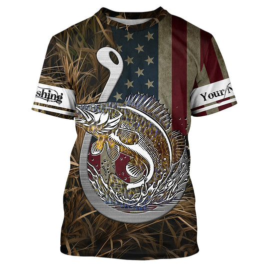 Walleye Fishing American Flag Custom Long Sleeve Shirts, Patriotic Fishing apparel TTN40